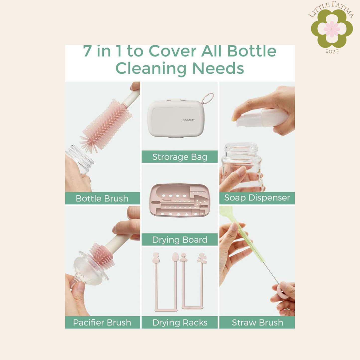 🍼 Momcozy – Set de limpieza y secado de biberones 7 en 1 (Travel Kit)